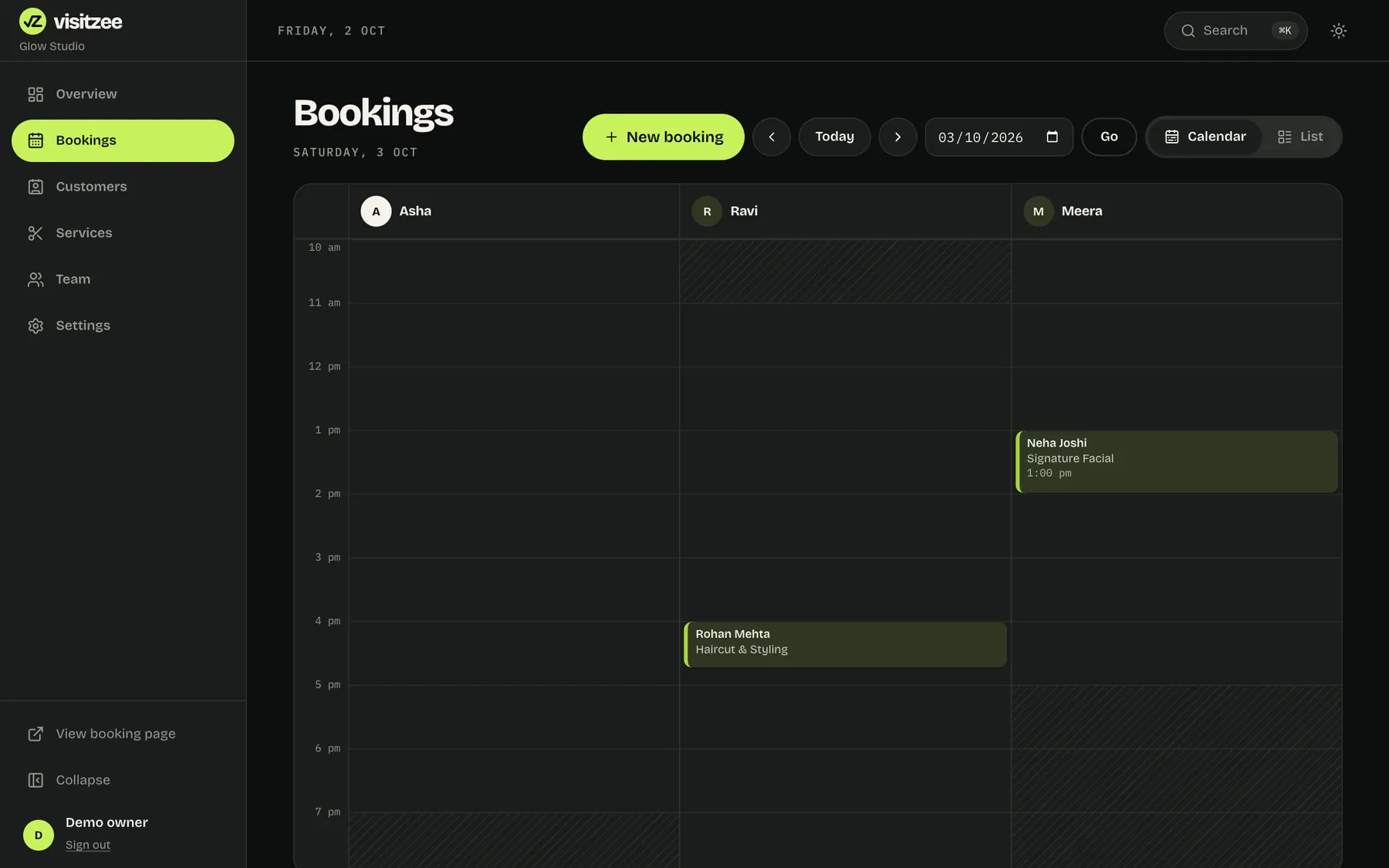The bookings calendar with a column for each team member and appointments laid out by time