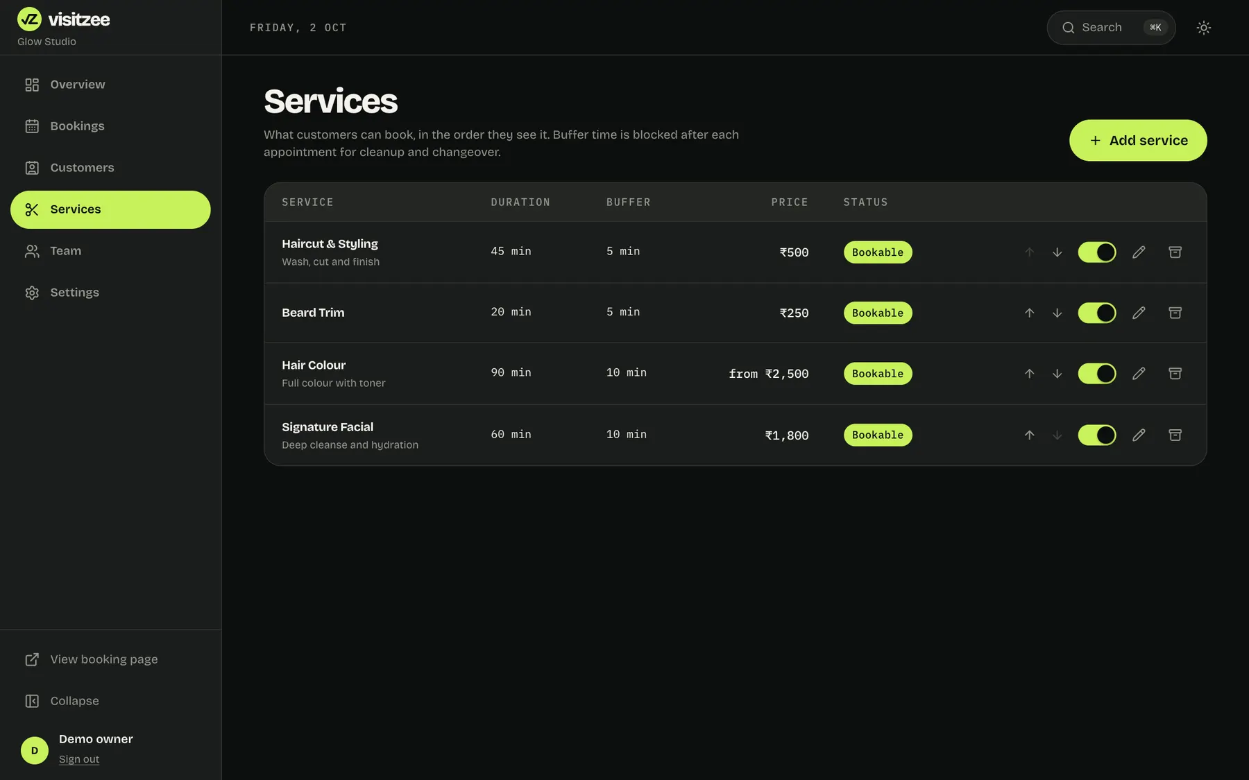 The services list with durations and prices