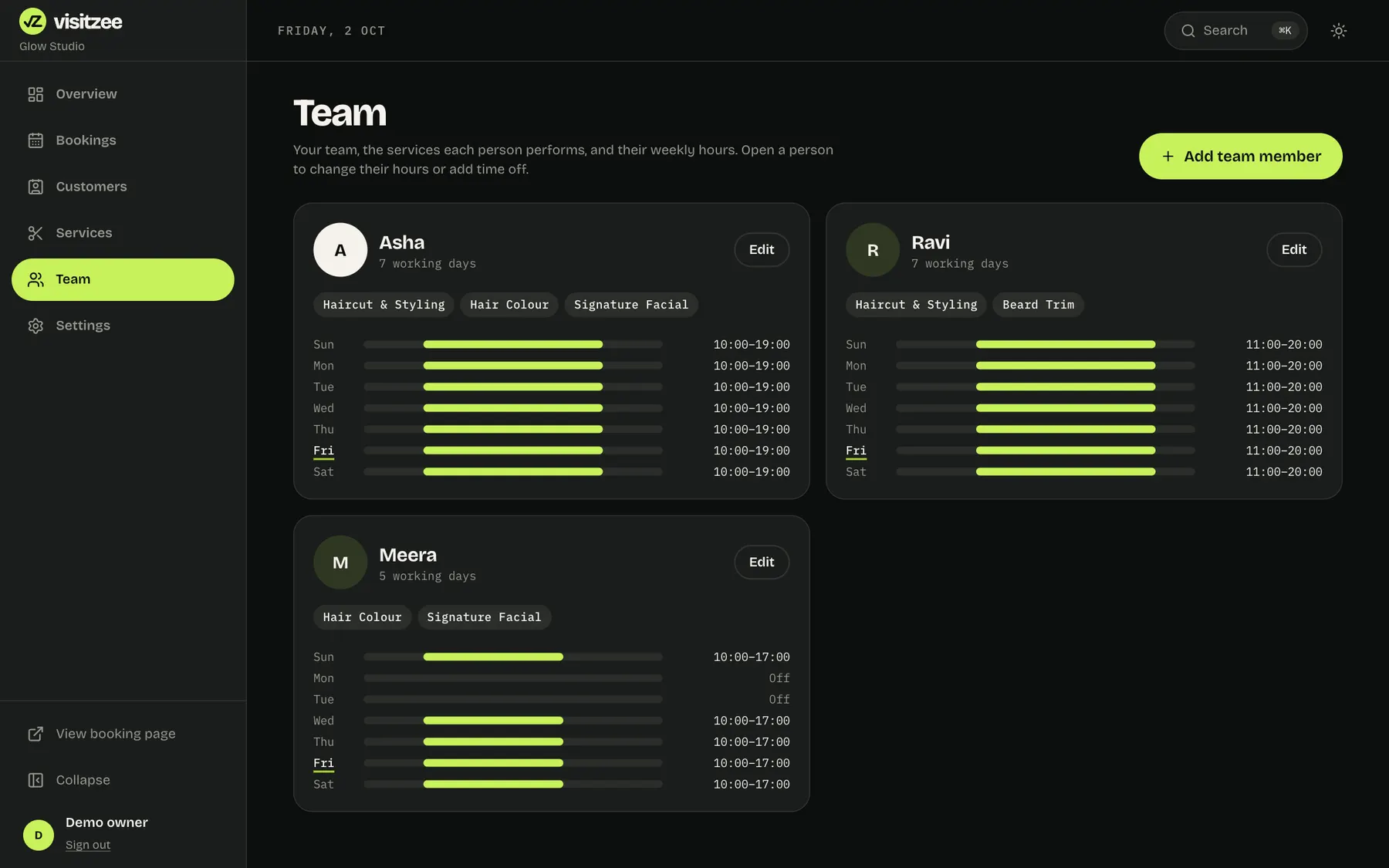 The team page listing each person and the services they do