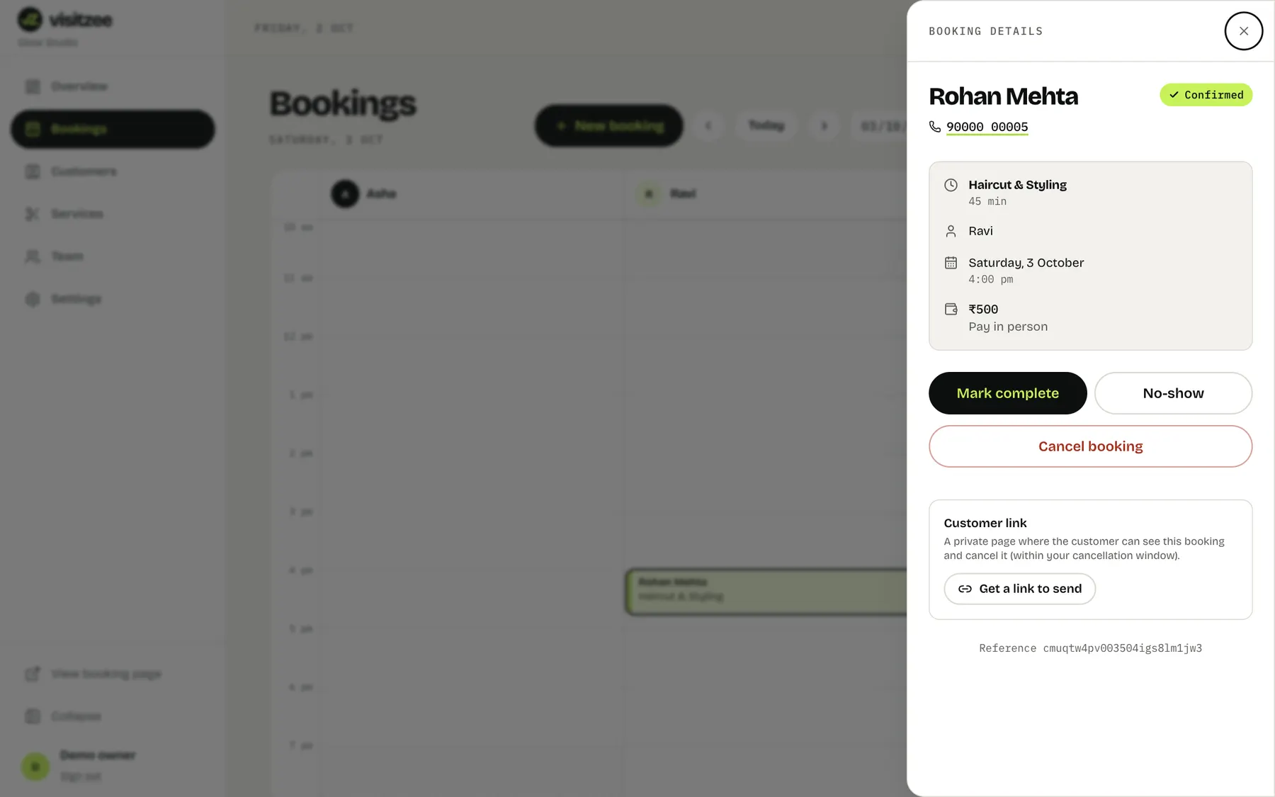 A booking's details panel with Mark complete, No-show and Cancel buttons