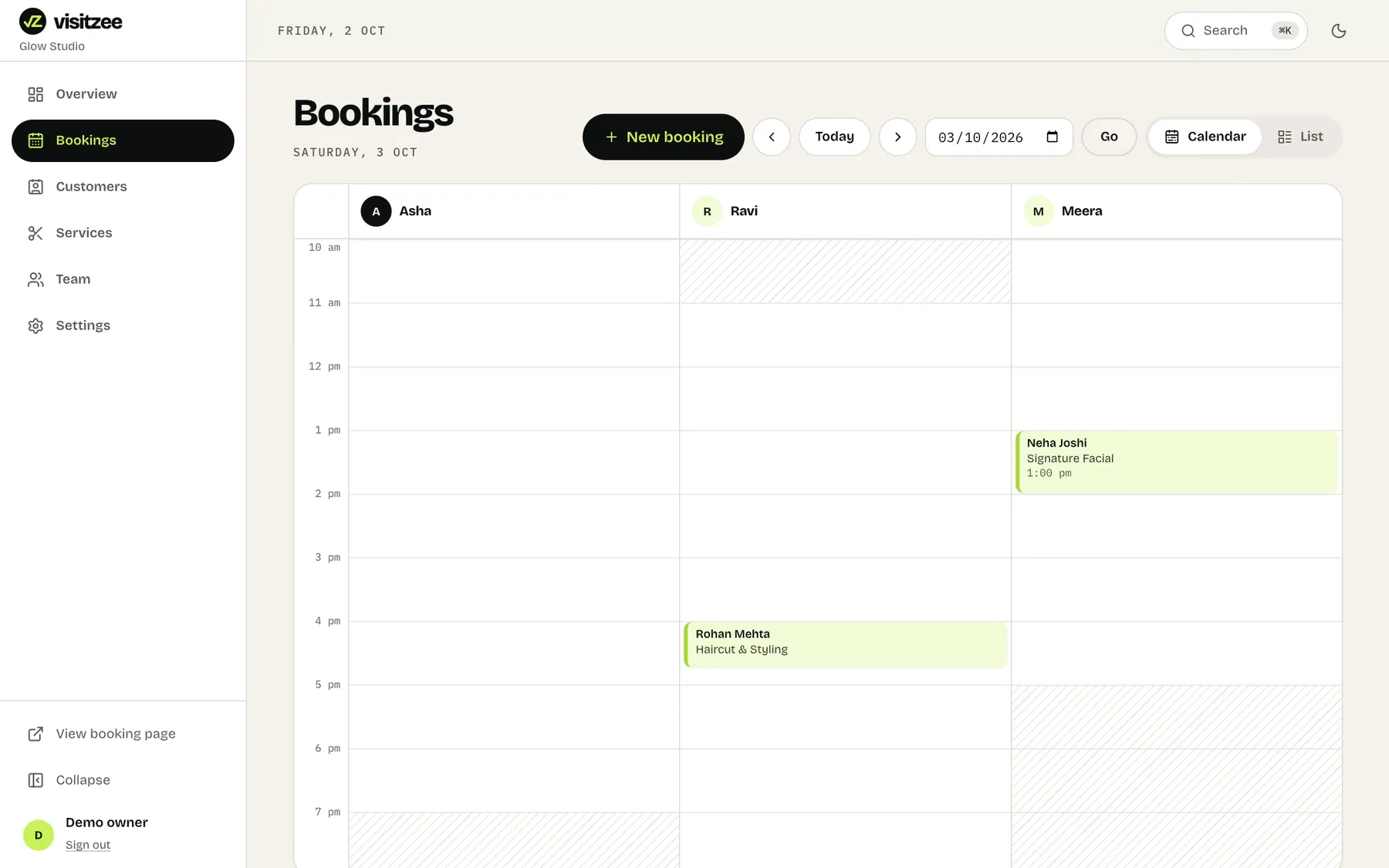 The bookings calendar with a column for each team member and appointments laid out by time