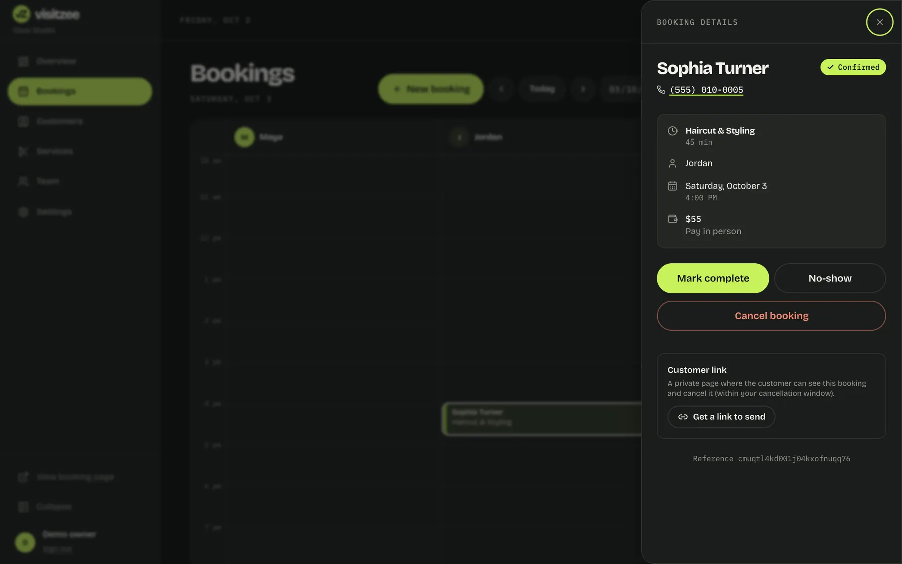 A booking's details panel with Mark complete, No-show and Cancel buttons