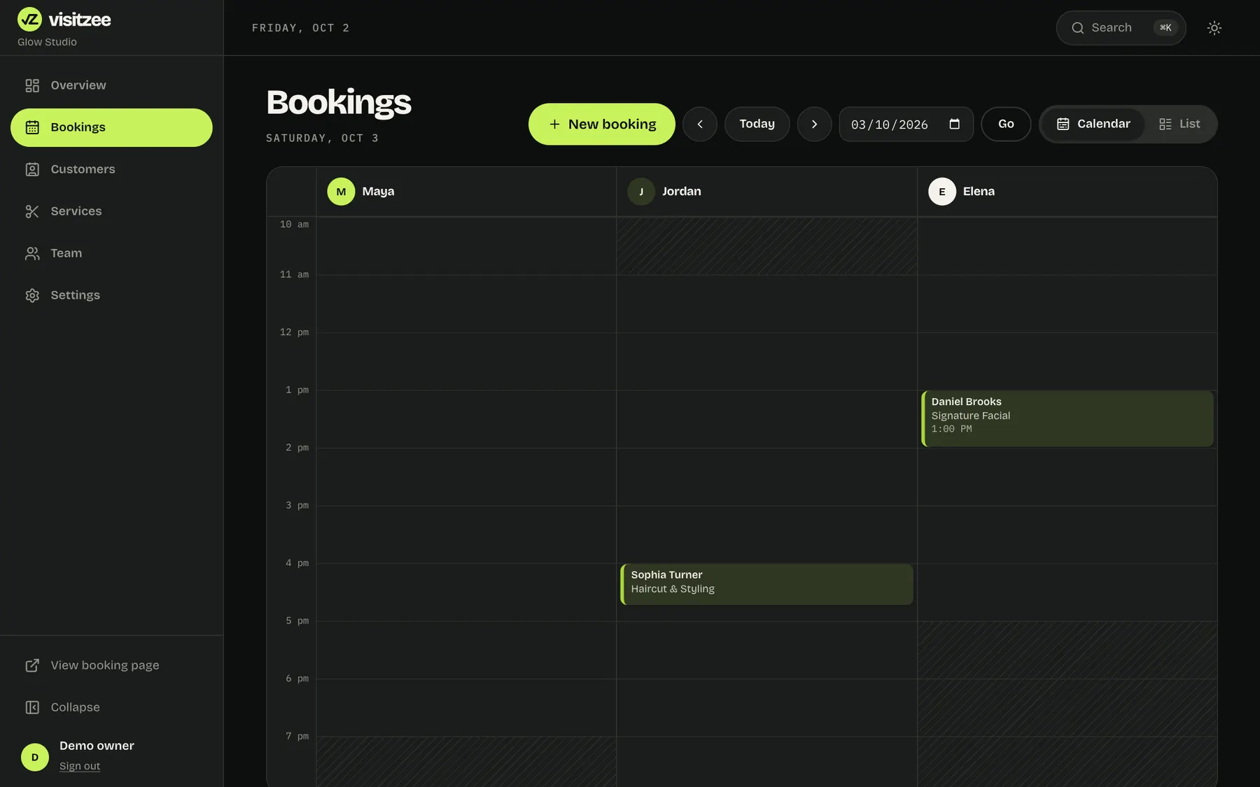 The bookings calendar with a column for each team member and appointments laid out by time