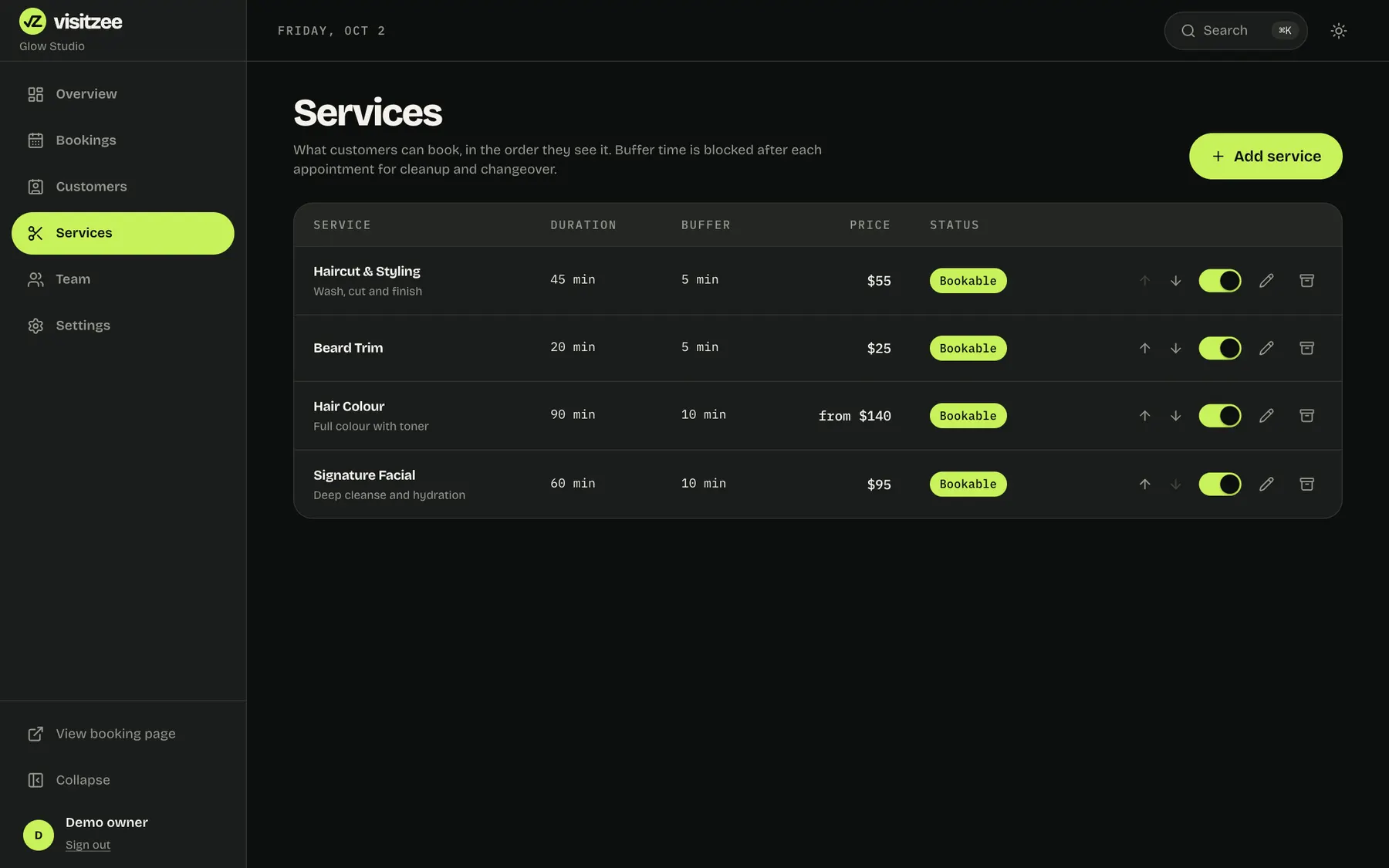 The services list with durations and prices