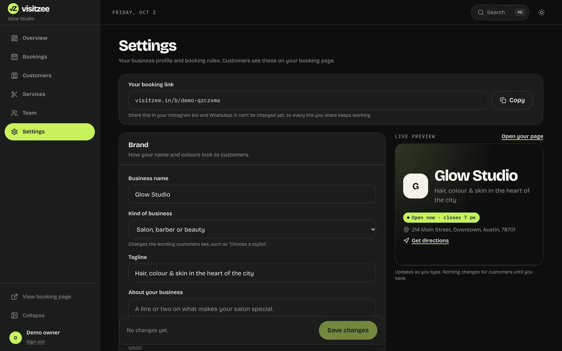 Settings with a live preview of the booking page
