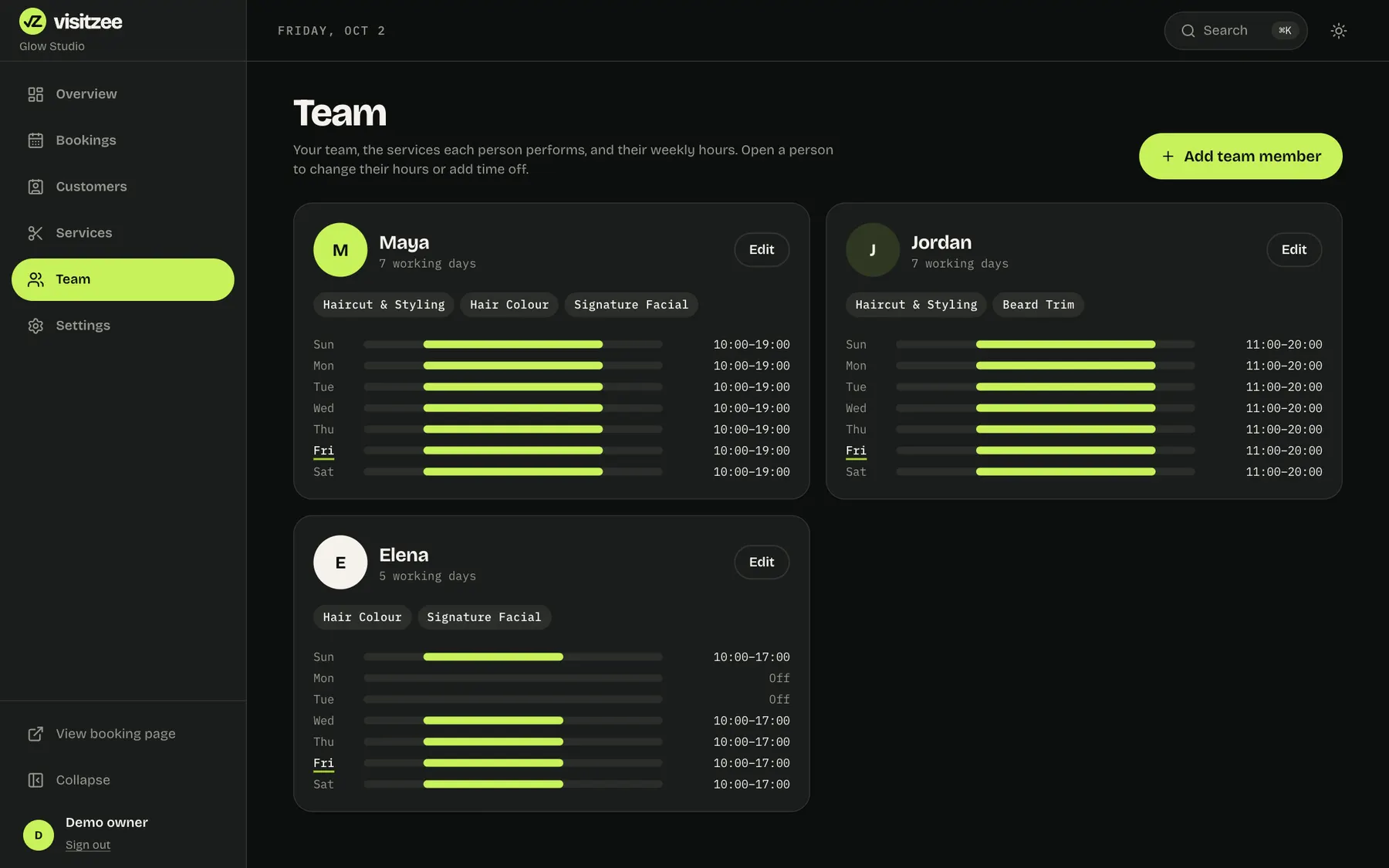 The team page listing each person and the services they do