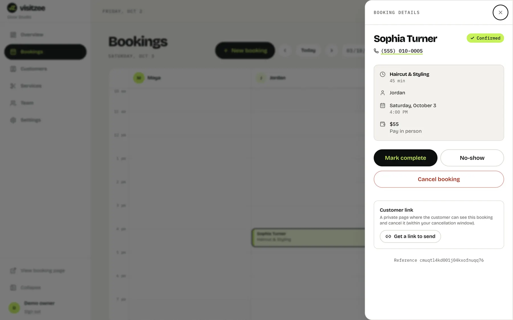 A booking's details panel with Mark complete, No-show and Cancel buttons