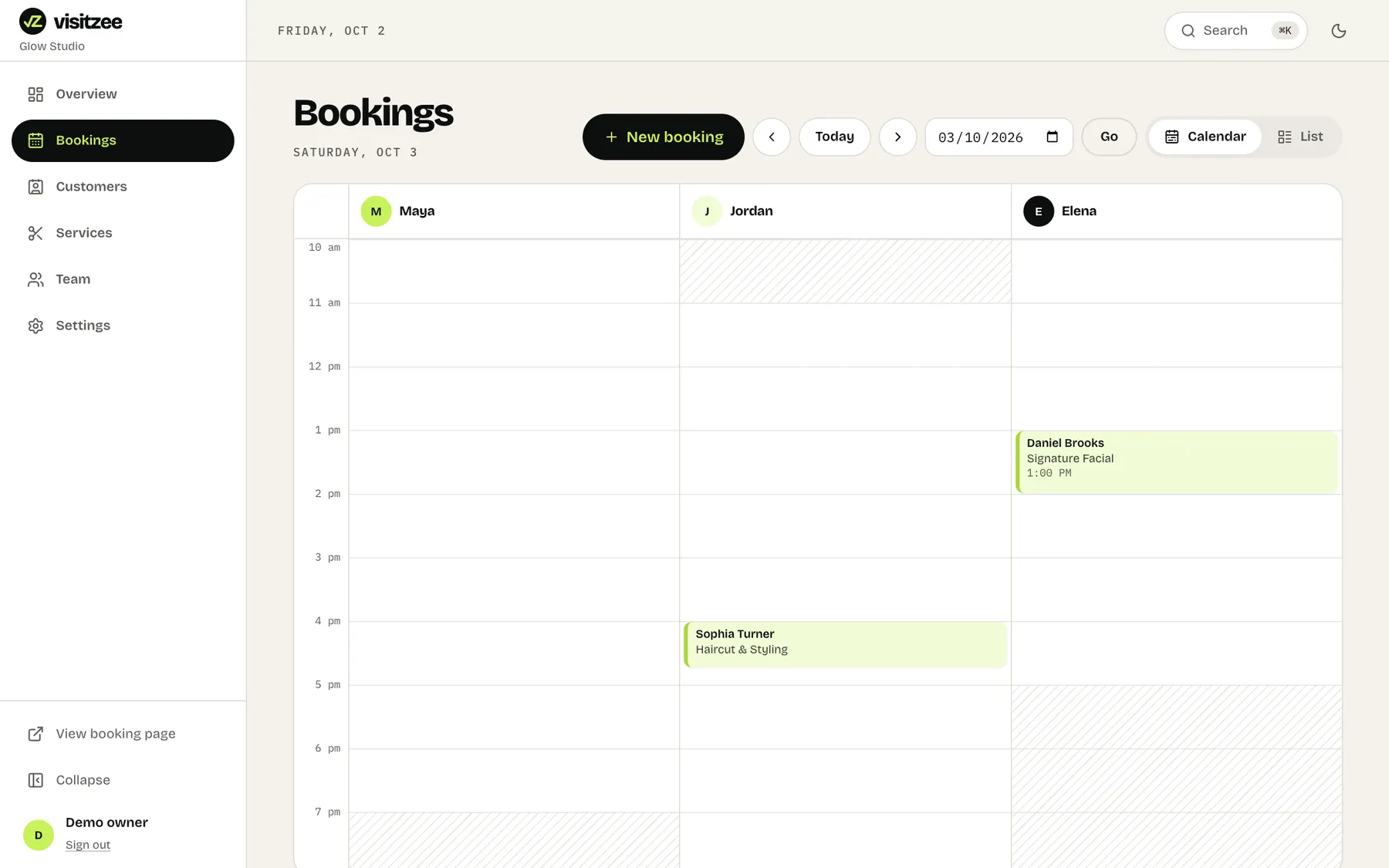 The bookings calendar with a column for each team member and appointments laid out by time