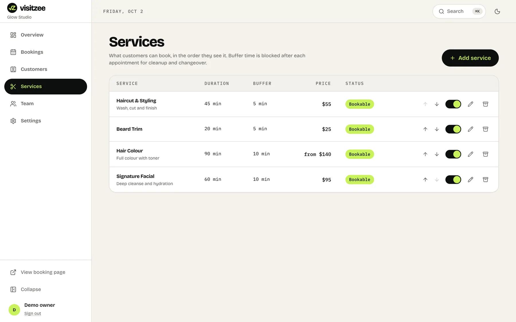 The services list with durations and prices