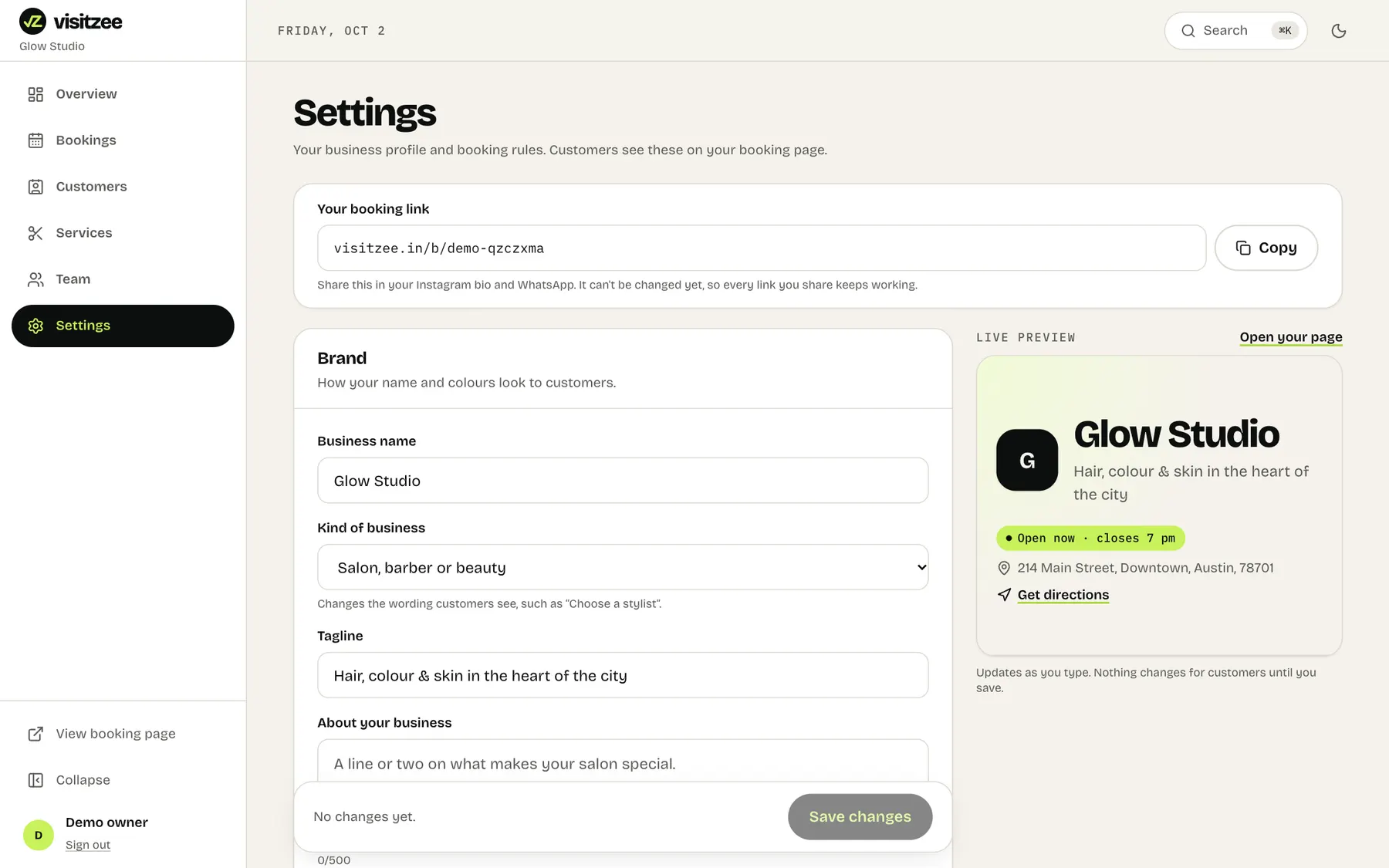 Settings with a live preview of the booking page