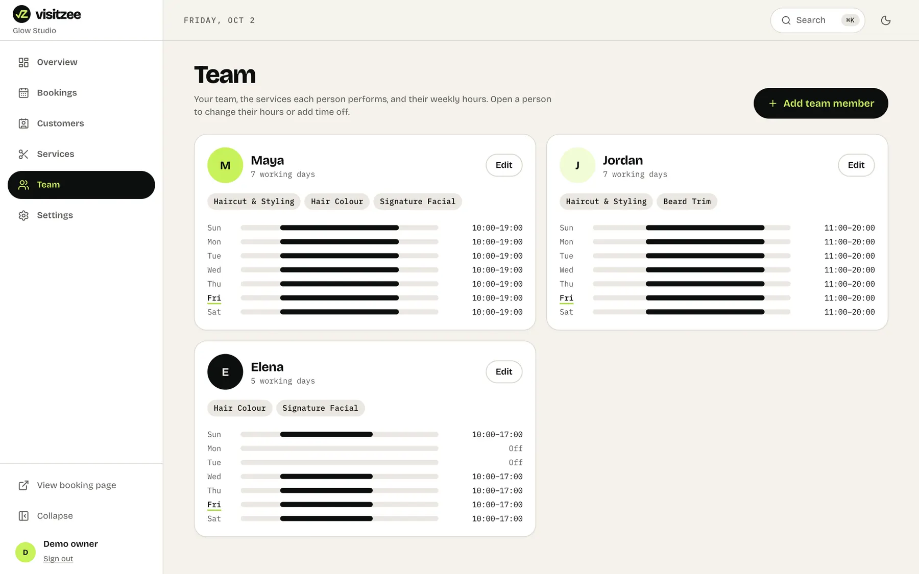 The team page listing each person and the services they do